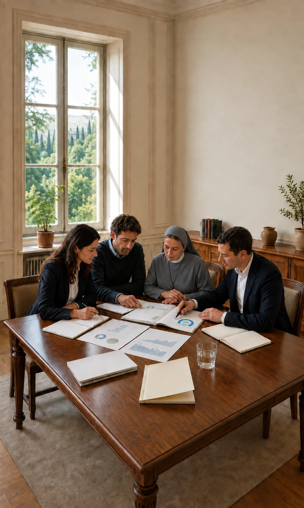 Una suora into abito grigio and ricercatori laici lavorano insieme sui values and sull'impatto sociale