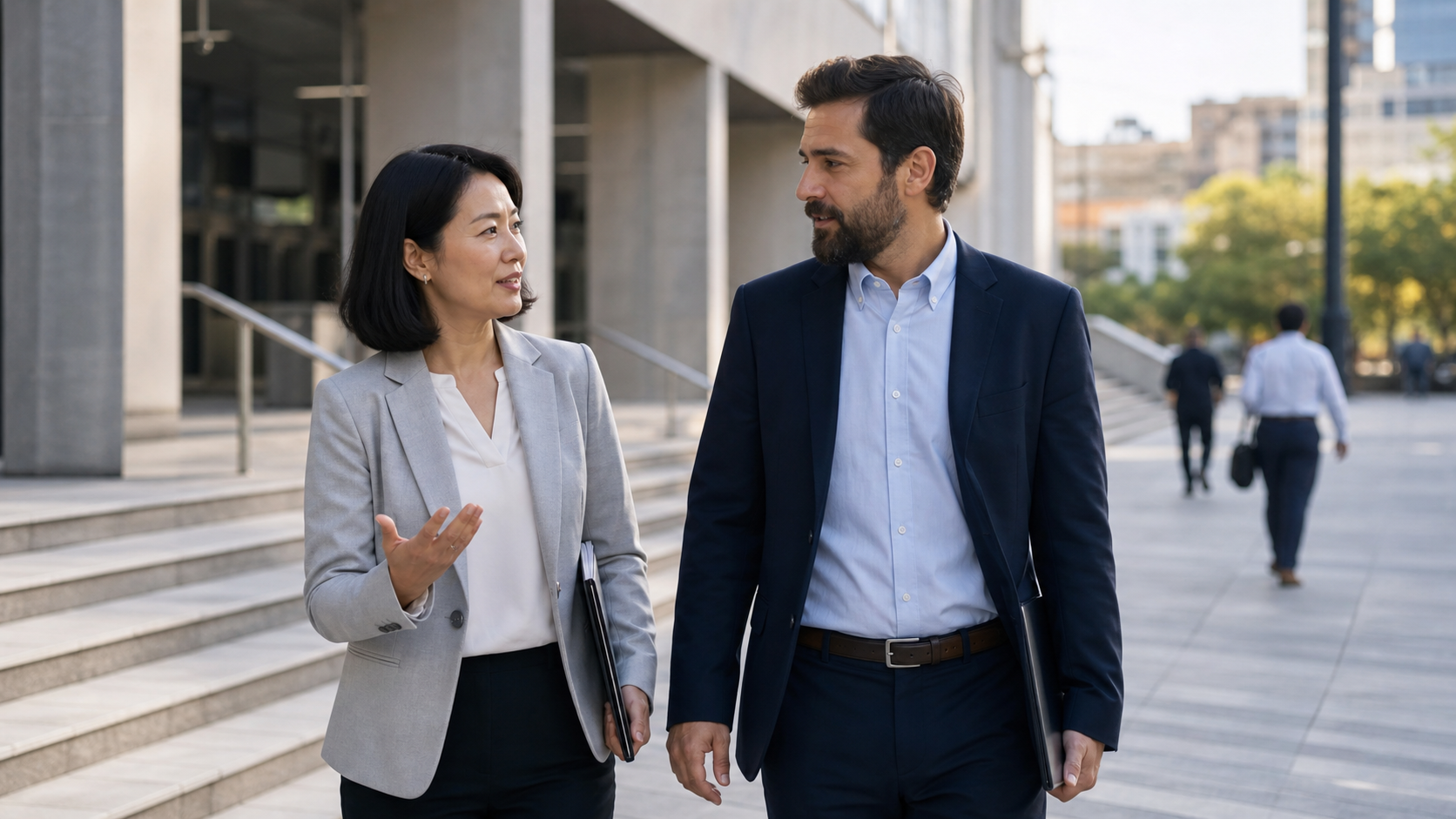 Due professionisti dialogano fuori da un'istituzione