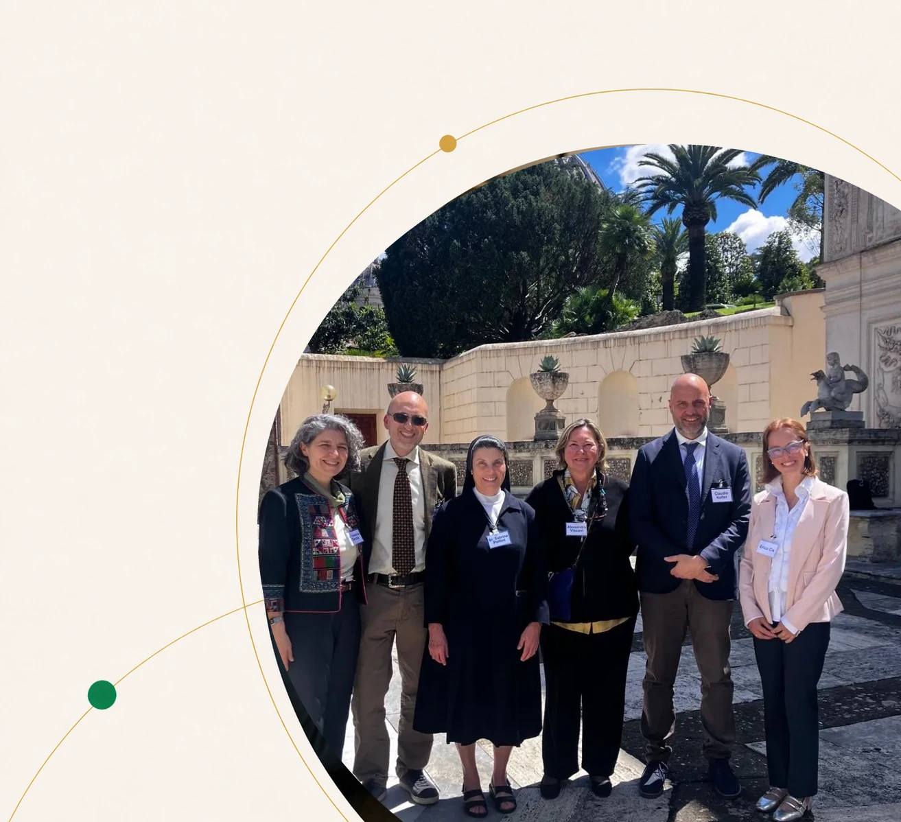 Six participants at the international faith-consistent investing conference in the Vatican courtyard