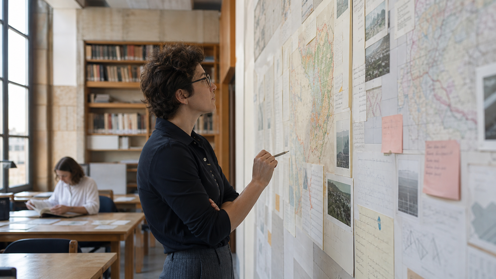 Una ricercatrice analizza mappe, dati and fonti documentali