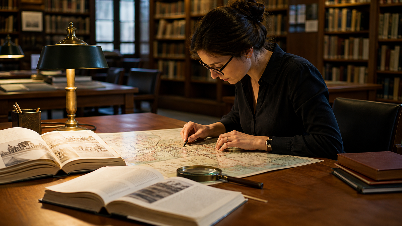Researchtrice impegnata nell'analisi di fonti and mappe